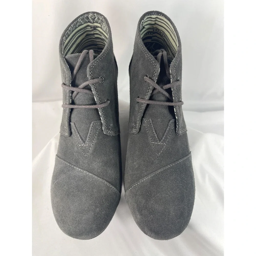 TOMS Wedge Suede Bootie Ankle Boots Size 9.5 in Castlerock Grey Suede